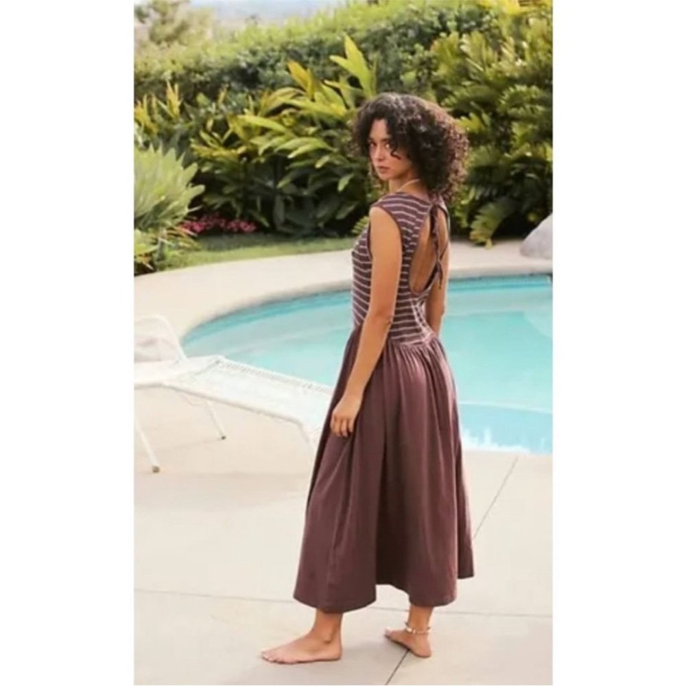 NEW Free People Beach Alana Open-Back Striped Brown Midi - Picture 2 of 10